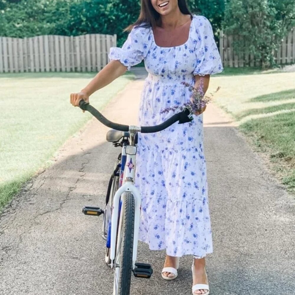 LoveShackFancy by Target White Maxi Dress with Blue Floral Print
